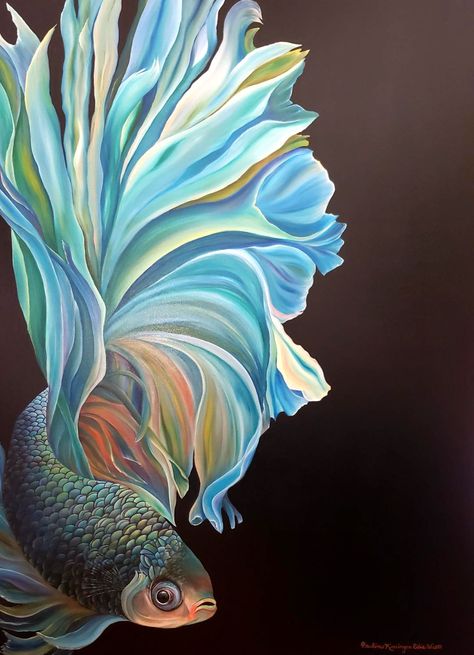 Siamese Fighting Fish, Oil on Canvas, 30" x 40"  (Front View) Betta Fish Art Drawing, Koi Fish Oil Painting, 90s Canvas Painting, Goldfish Artwork, Beta Fish Painting, Colorful Fish Painting, Fish Art Painting, Betta Fish Art, Fish Oil Painting