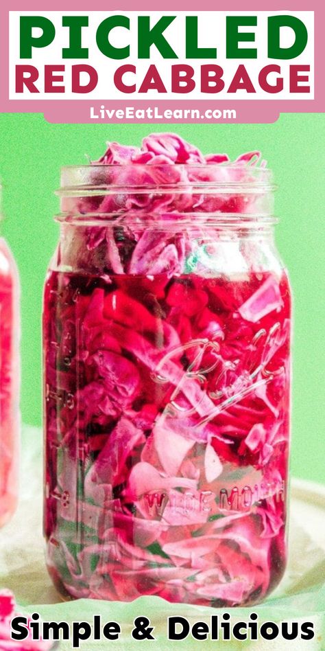 Photo of pickled red cabbage in a clear jar with a light green background. Pickled Red Cabbage Recipe, Red Cabbage Sauerkraut, Pickles Homemade, Red Cabbage Recipe, Making Sauerkraut, Pickled Red Cabbage, Red Cabbage Recipes, Homemade Sauerkraut, Grain Bowls