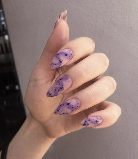 Pastel Witch Nails, Sailor Jupiter Nails, Cosmic Nail Art, Nails Inspo Purple, Summerween Nails, Nail Art Designs Purple, Purple Witchy Nails, Science Nails, Pastel Goth Nails