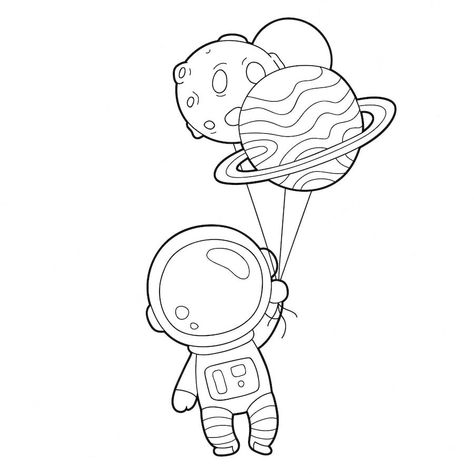 Premium Vector | Illustration coloring page with cartoon astronaut with planet balloon Cartoon Rocket Ship Drawing, Line Cartoon Drawing, Cartoon Line Drawing, Kids Cartoon Drawings, Space Cartoon Drawing, Cute Space Illustration, Space Illustration Kids, Cute Astronaut Drawing, Space Line Art