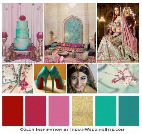 We see loads of teal in Indian weddings and it is usually combined in a peacock color palette or with gold. In this palette, I decided to give the usual teal palette a twist and combine it with a pale tint of teal, ruby red, raspberry pink, cherry blossom pink and gold. The contrast between […] Pink Indian Wedding, Marigold Wedding, Indian Wedding Stage, Teal Palette, Wedding Colour Schemes, Indian Wedding Theme, Indian Colours, Indian Wedding Decor, Wedding Color Inspiration