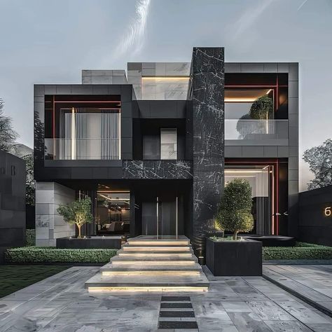 Trending House Designs, Modern Mansion Exterior, Linkedin Design, Lux House, Dark Modern House, Door Lighting, Front Door Lighting, Luxury Houses Mansions, Modern Villa Design