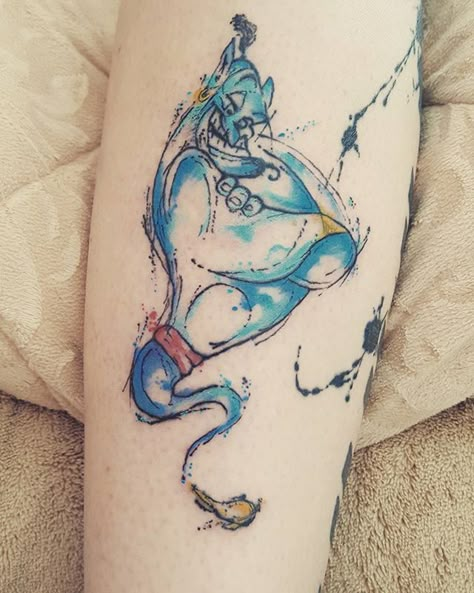 Watercolor Genie from Aladdin #disneytattoos Disney Genie Tattoo, Nature Snapchat, Genie Tattoo, Disney Couple Tattoos, America Nature, Disney Genie, Couple Tattoos Unique Meaningful, Disney Sleeve, Mystical Tattoos