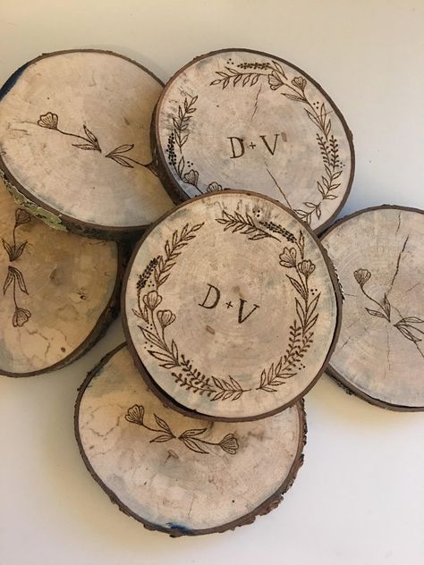 Wood Burning Designs Wedding, Romantic Wood Burning Ideas, Wood Burning Initials, Woodburn Wedding Gift, Wedding Wood Burning Ideas, Wedding Wood Burning, Wedding Pyrography, Wood Burning Wedding Gift, Wood Burn Coasters