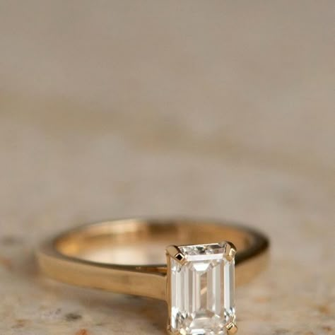 Emerald Cut Ring Gold Band, Emerald Cut Cathedral Setting, Emerald Engagement Ring Thick Band, Vintage Engagement Rings Gold, Gold Emerald Cut Engagement Ring, Emerald Cut Solitaire Engagement Ring, Wide Band Engagement Ring, Classy Engagement Ring, Vintage Emerald Engagement Ring