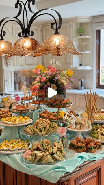 Tea Party Catering Ideas, High Tea Buffet Display, Mother Daughter Tea Party Ideas Table Decorations, High Tea Buffet Table, Coffee And Donuts Party, Party Food Arrangement Ideas, 30 Tea Party, 76 Birthday Party Ideas, Charcuterie Tea Party