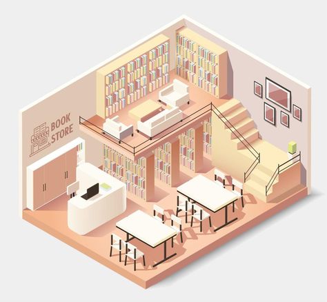 Isometric Cafe Interior, Small Book Cafe Interior Design, Book Store Cafe Floor Plan, Bookstore Layout Plan Design, Cafe Building Design, Sims 4 Bookstore, Library Design Architecture, Isometric Interior Design, Isometric Library