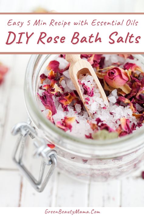 Easy DIY Epsom Bath Salts with Essential Oils - Homemade Herbal Foot Soak Rose Bath Salts Diy, Epsom Salt Bath Recipe, Epson Salt Bath, Diy Bath Salts With Essential Oils, Rose Petal Bath Salts, Bath Salts Diy Recipes, Diy Bath Soak, Bath Soak Recipe, Foot Soak Recipe