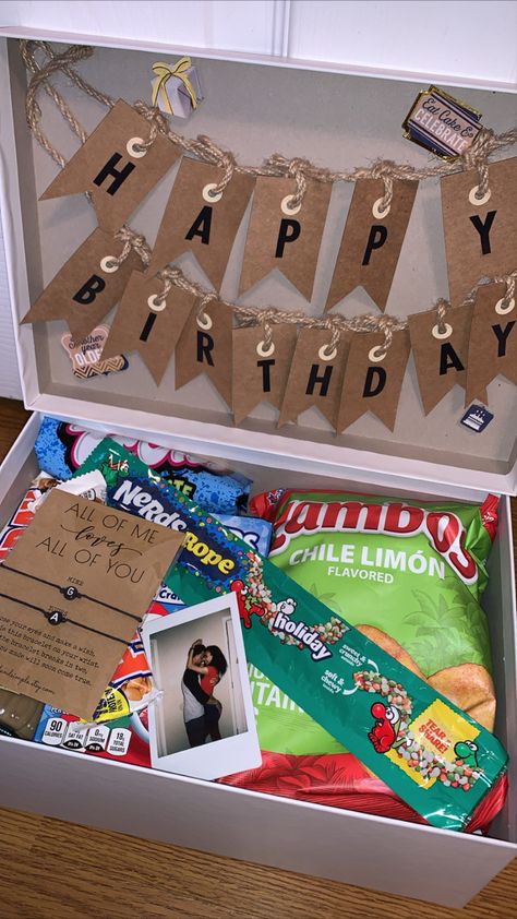 Birthday, boyfriend gift box, boyfriend birthday gift, snack box, couple gift idea, boyfriend birthday gift idea, cute couple birthday gift, cute couples, green bag of chips, polaroid pic, nerds rope, green candy, white box, happy birthday sign Birthday Box For Girlfriend, Thing To Get Your Bf For His Birthday, Gifts To Make For Boyfriend Birthday, Activities For Boyfriend Birthday, Sentimental Birthday Ideas, Things To Do For Bf Birthday, Diy Boyfriend Birthday Gift, Boyfriend Small Gifts Ideas, Easy Birthday Gifts For Boyfriend