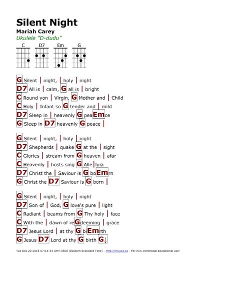 Silent Night (Mariah Carey) - http://myuke.ca Silent Night Ukulele Chords, Silent Night Guitar Chords, Christmas Ukulele Songs, Christmas Chords, Christmas Ukulele, Ukulele Tabs Songs, Ukelele Chords Ukulele Songs, Ukulele Songs Beginner, Easy Ukulele Songs