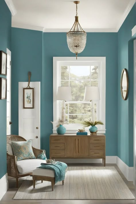 Aegean Teal, Benjamin Moore, 2024 Palette, Richness Turquoise Wall Paint Ideas, Turquoise Dining Room Walls, Light Grey And Teal Living Room, Teal Living Room Paint Color Ideas, Teal Wall Living Room Ideas, Home Paint Colors Interior Most Popular, Light Teal Paint Colors For Bedroom, Sage And Teal Color Palette, Teal Color Palette Living Room