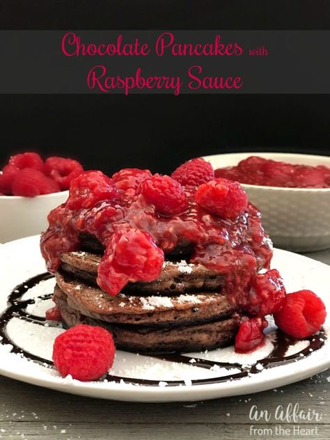 Fluffy chocolate pancakes made with baking mix and cocoa, served with homemade raspberry sauce and a dusting of powdered sugar. Raspberry Sauce Recipe, Raspberry Pancakes, Coconut Hot Chocolate, Chocolate Pancakes, Chocolate Chip Pancakes, Breakfast Bites, Raspberry Sauce, Valentines Food, Baking Mix