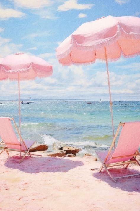 Pink Beach Wall Art, 1950s Beach Aesthetic, Pink Beach Painting, Pink Collage Pictures, 50s Beach Aesthetic, Pastel Beach Aesthetic, Pink Collage Wall, Pastel Summer Aesthetic, Retro Beach Aesthetic