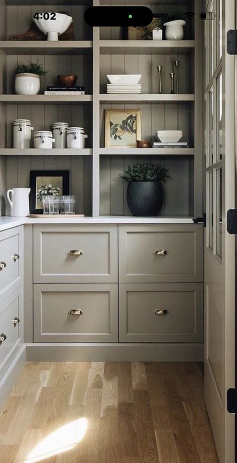 Butlers Pantry Shelves, Butlers Pantry Shelving, Build Kitchen Pantry, Farmhouse Mudroom Laundry, Small Butlers Pantry, Pantry Build, White Banister, Hall Laundry, Mudroom Hallway