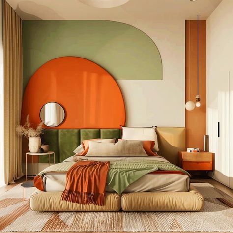 green_and_accent_terracotta_bedroom 13 Maximalist Modern Bedroom, Terracotta And Mint Green, Colorful Mcm Bedroom, Bedroom Inspiration Colorful, Geometric Bedroom Ideas, Statement Bedroom Wall, Bedroom Inspo Colorful, Gen Z Bedroom Aesthetic, Colorful Mid Century Modern Bedroom