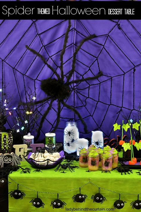 Spider Themed Halloween Dessert Table |  This fun themed Halloween Party table is not only full of fun themed treats but also has lots and lots of spiders! Halloween Party Dessert Table, Spider Treats, Halloween Themed Desserts, Halloween Dessert Table, Spiders Halloween, Themed Halloween Party, Postres Halloween, Halloween Themed Birthday Party, Halloween Party Table