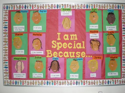 our bulletin board for our All About Me unit Preschool All About Me Bulletin Board, I Like Me Preschool Activities, All About Me Preschool Theme Bulletin Board, Wonderful Me Bulletin Board, All About Us Preschool Theme, All About Me Preschool Centers, All About Me Bulletin Board Preschool, I Am Special Preschool Theme Crafts, All About Me Bulletin Board Ideas