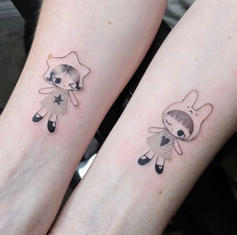 @ nuuriworld on ig Couple Matching Tattoo, Happy Friday The 13th, Doll Tattoo, Bunny Tattoos, Kawaii Tattoo, Cute Little Tattoos, Cute Tiny Tattoos, Custom Tattoo Design, Time Tattoos