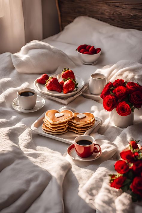 Start Valentine’s Day with love and heart-shaped pancakes! The perfect breakfast in bed idea. #BreakfastInBed #ValentinesMorning Heart Pancakes Aesthetic, Heart Pancakes Valentines Day, Valentines Breakfast In Bed, Valentines Day Pancakes, Bed And Breakfast Aesthetic, Fruit Food Photography, Abc Photography, Breakfast In Bed Ideas, Heart Pancakes