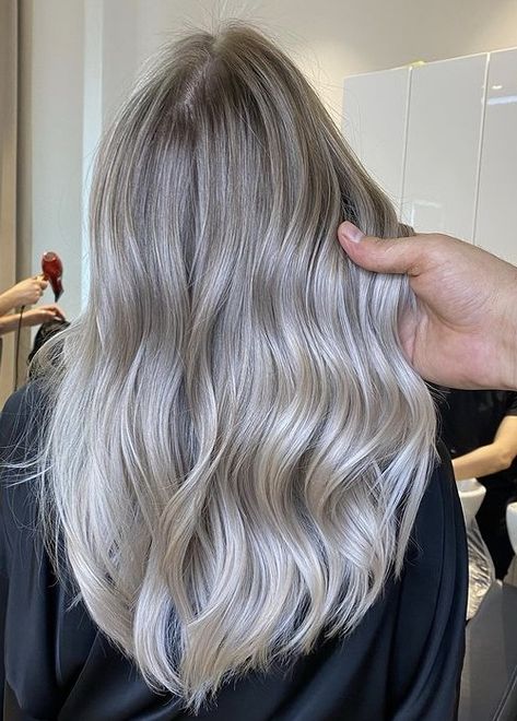 Ashy Ice Blonde Hair, Blended Ashy Blonde, Super Ashy Blonde, Grey Toned Hair Ash Blonde, Brunette To Ash Blonde, Pearl Blonde Hair Balayage, Ashy Babylights, Blond Grey Hair, Full Balayage Ash Blonde