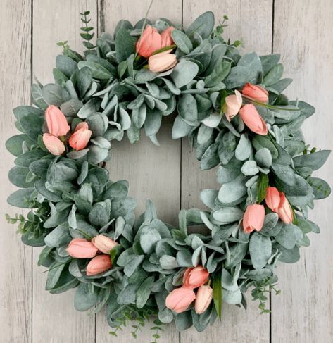 Peach Tulips, Green Hydrangea Wreath, Victorian Wreath, Easter Porch Decor, Summer Wreath For Front Door, Front Door Spring, Spring Summer Wreath, Lambs Ear Wreath, Spring Love