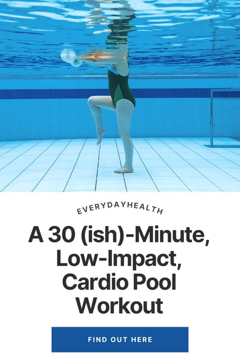 A 30 (ish)-Minute, Low-Impact, Cardio Pool Workout This full-body workout will get your heart rate up. But water provides natural resistance, making it joint-friendly. There are numerous reasons to move your workout to the water. And if you’re looking for a way to escape the summer’s grueling temperatures and keep your workout cool, the water helps with that, too. Want to mix up your workout routine? There’s no better place to do that than a pool. The Pool-Based, Aqua Aerobics-Inspired Workout Pool Cardio Workout, Water Workouts Losing Weight Exercise, Pool Weights Workout, Pool Workout Routine, Pool Excercises Workouts Videos, Aquatic Exercises Pool Workout, Water Walking Workout, Water Excersise, Pool Core Exercises