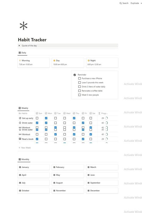 A free habit tracker notion template that can be your Simple , Weekly , Monthly , printable habit tracker . Establish your goal & make a routine by keeping an eye on your daily/weekly , monthly habits. This free template can be your next habit tracker idea for layout . Download now. Habit Tracker On Notion, Notion Template Ideas Monthly, Notion Daily Habit Tracker, Notion Layout Minimalist, Notion Goal Tracker, Notion Calorie Tracker, Free Notion Habit Tracker Template, Notion Daily Routine Template, Notion Tracker Template