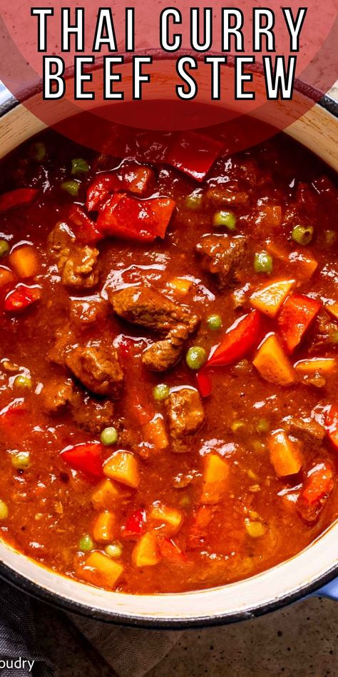 This Curry Beef Stew has the warmth of traditional stew and the bold, exotic flavor of curry. The best of both worlds! Thai Red Curry Beef, Beef Curry Stew Recipe, Pork Stew Recipes, Beef Tips And Gravy, Hearty Beef Stew, Crock Pot Meatballs, Spicy Soup, Pork Stew, Beef Curry