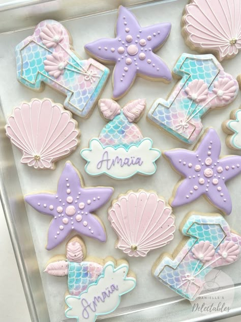 Mermaid One Birthday Party, Mermaid Cookies 1st Birthday, Mermaid Theme 3rd Birthday Party, One Year Mermaid Birthday, One Der The Sea Cookies, 2nd Mermaid Birthday Party, Two The Sea Cookies, Oneder The Sea First Birthday, First Mermaid Birthday Party