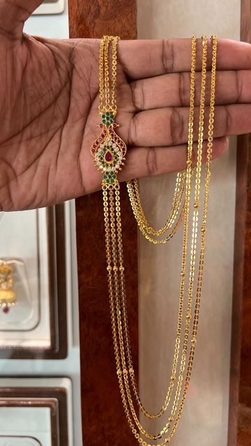 Chandraharam Designs Gold, Chandraharam Designs Indian Jewelry, Step Chains Designs, Necklace Models Gold, Gold Jhumar Design, Chandraharam Latest Designs, Step Chains In Gold Indian, Long Chain Necklace Gold Indian, Pearl Chain Designs In Gold