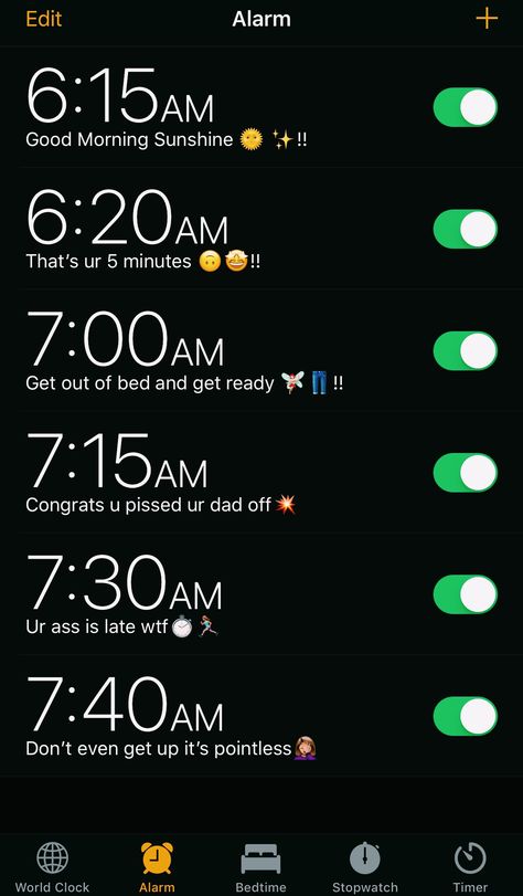 all my alarms... Funny Snapchat Captions, Before School Routine, Phone Alarm, Snapchat Captions, Middle School Hacks, Morning Routine School, Funny Snapchat, School Routine, High School Hacks