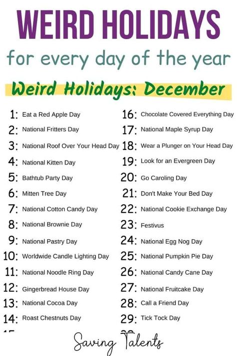 Celebrate these weird and strange holidays you've never heard of - there's one for every day of the year! Comes with a free printable. Weird Holidays In January, National Brownie Day, Monthly Holidays, Unique Holidays, National Holiday Calendar, Funny Holidays, Fun Calendar, December Journal, Silly Holidays