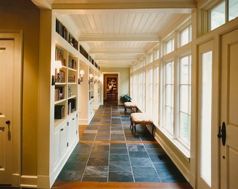 A little to... colonial for me? But the windows are lovely. Breezeway gallery Garage Addition, Long Hallway, Entry Hall, Colonial House, Window Seat, Open Concept, Architecture Details, Home Remodeling, Bookshelves