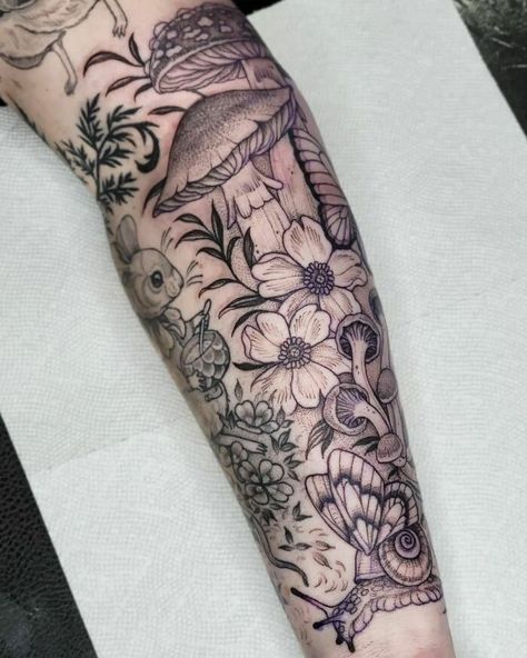 Woodland Arm Tattoo, Whimsical Tattoo Arm Sleeve, Stippling Tattoo Sleeve, Big Nature Tattoo, Woodland Tattoos, Flower Leg Sleeve Tattoo, Nature Themed Sleeve Tattoo, Unique Nature Tattoos, Woodland Tattoo Sleeve