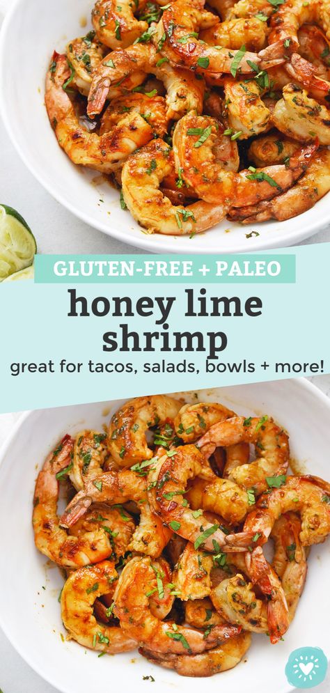 Grilled Shrimp Meal Prep, Paleo Recipes Shrimp, Gluten Dairy Free Shrimp Recipe, Honey Lime Shrimp Tacos, Honey Shrimp Salad, Honey Shrimp Tacos, Honey Ginger Shrimp Bowl, Honey Garlic Lime Shrimp, Aip Shrimp Tacos