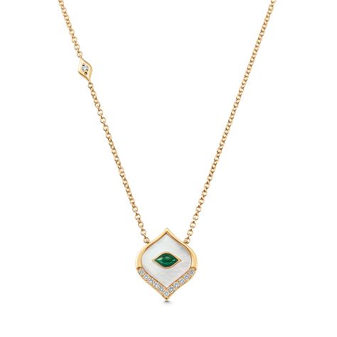 Donna Mother of Pearl, Malachite and Gold Diamond Pendant Necklace - Sara Weinstock Fine Jewelry Gold Diamond Pendant Necklace, Malachite Green, Mother Of Pearl Pendant, Art Jewelry Design, Mother Of Pearl Jewelry, Gold Jewelry Stores, Eye Shape, Fine Jewelry Designers, Gems Jewelry