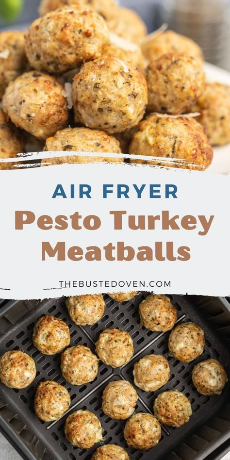 Turkey meatballs, flavoured with pesto and parmesan cheese, are ready in only 8 minutes using the air fryer. These savoury meatballs work well as an appetizer or part of the main meal. Serve them with dip, on a salad, or with your favourite pasta. Full of flavour and made with simple ingredients, they are quick and easy. Savoury Meatballs, Pesto Turkey Meatballs, Air Fryer Turkey Meatballs, Mini Turkey Meatballs, Turkey Pesto Meatballs, Pesto Turkey, Pesto Meatballs, Turkey Pesto, Turkey Meatballs Recipe