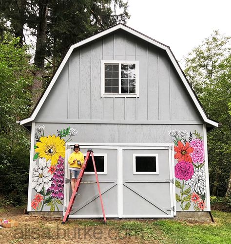 alisaburke Garden Shed Mural Ideas, Barn Murals Ideas, Painted Shed Mural, Front Door Mural, Mural On Shed, Shed Murals Outdoor, Shed Mural, Barn Mural, Art Painting Diy