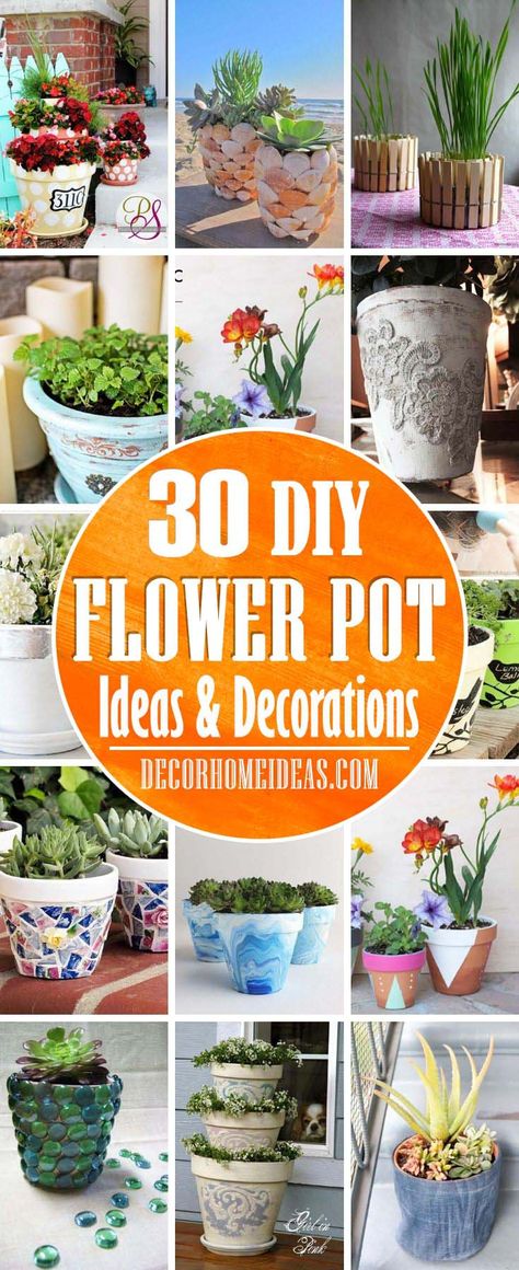 Beautiful DIY Flower Pot Ideas. Spruce up your garden with these easy DIY flower pot ideas. The best part is they are not expensive and can make a significant change in your garden. #diy #flowerpot #garden #flower #decorhomeideas Herb Garden Pots, Hanging Flower Pots, Painted Clay Pots, Decorated Flower Pots, Diy Flower Pots, Concrete Pots, Diy Planters, Flower Planters, Garden Pots