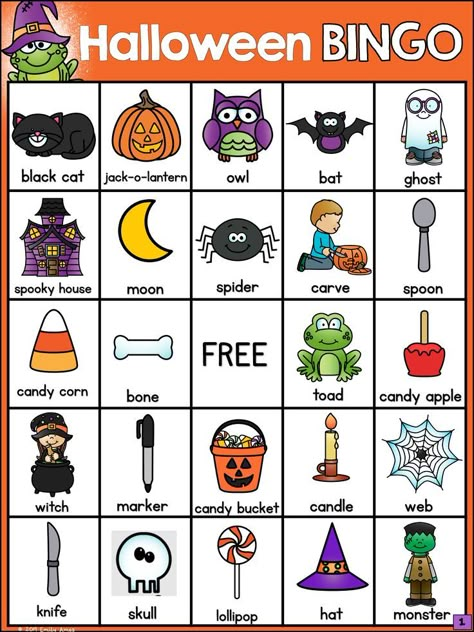 Halloween Bingo with Halloween vocabulary and kid-friendly pictures.  Great game to play in October. #kindergarten #firstgrade #ESL #halloween Pumpkin Vocabulary Cards Free, Halloween Esl Games, Halloween Bingo Printable Free, Halloween Decorations Printables, Halloween Party Activities For Kids, Halloween Games For Kids Party, Halloween Party Games For Kids, October Kindergarten, Halloween Bingo Game