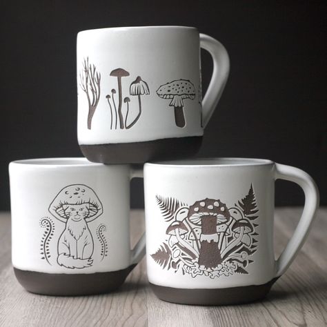 Sgraffito Mushroom Designs, Sgraffito Mushrooms, Mushroom Ceramic Mug, Ceramic Mushrooms Mug, Mate Idea, Mushroom Mugs, Mushroom Designs, Edible Fungi, Mushroom Coffee Mug