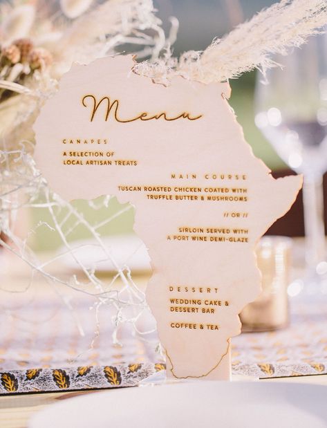 wooden menu African Traditional Wedding Decoration, South Africa Wine, Wedding Menu Ideas, Africa Traditional, Boho Shoot, Wedding Reception Menu, South African Weddings, Wedding Signs Diy, African Traditional Wedding