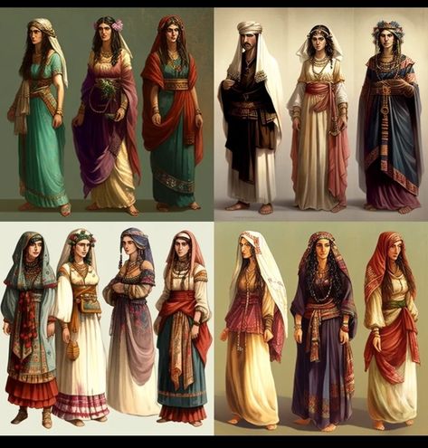 Ancient Persian Clothing Women, Middle Eastern Royal Clothing, African Medieval Clothing, Middle Eastern Royalty Fashion, Ancient Fashion Persian, Medieval Egyptian Clothing, Medieval Moorish Clothing, Ancient Judean Clothing, Traditional Middle Eastern Fashion