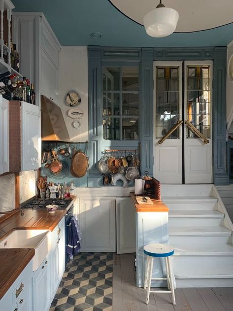 Swedish Forest, Dutch Kitchen, A Moveable Feast, Double Glass Doors, Wooden Counter, Oversized Windows, Corner House, Carbon Neutral, Blue Kitchens