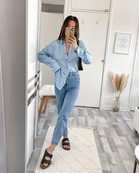 Blue Satin Shirt Outfit, Blue Satin Shirt, Satin Shirt Outfit, Satin Shirts, Satin Shirt, Blue Satin, Shirt Outfit, Duster Coat, Satin