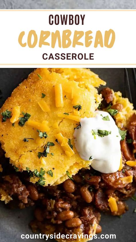 This Cowboy Cornbread Casserole is a savory and satisfying dish that combines ground beef, bacon, and sausage with a medley of flavorful vegetables and hearty baked beans. It’s topped with a layer of golden, cheesy cornbread, adding a delightful contrast of textures and flavors to this comforting meal. Ground Beef Baked Beans, Cowboy Cornbread Casserole, Baked Bean Casserole, Cowboy Casserole Recipe, Cowboy Cornbread, Cowboy Baked Beans, Bacon And Sausage, Cheesy Cornbread, Beans And Cornbread