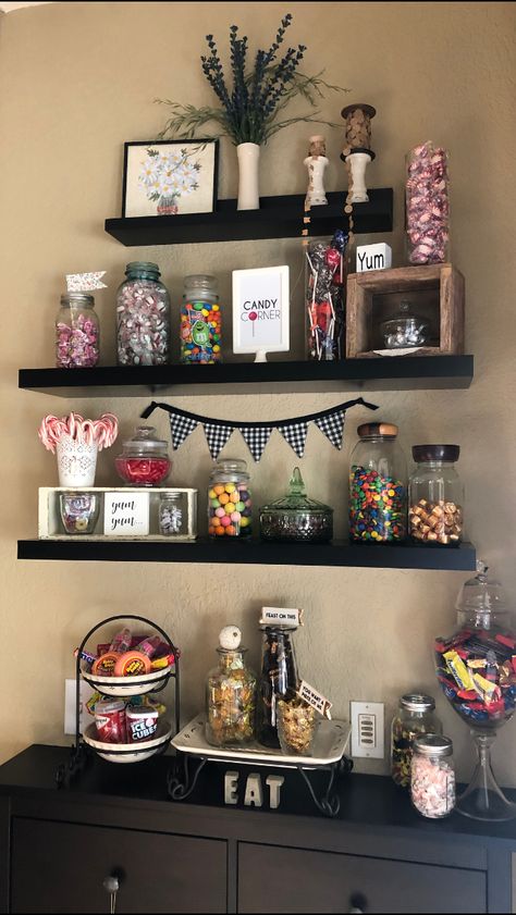 Candy Bar At Home, Candy Station Ideas For Home, Candy Bar Ideas For Home, Snack Corner Ideas, Snack Bedroom, Candy Corner Ideas, Desk Snacks, Candy Corner, Bar For Home