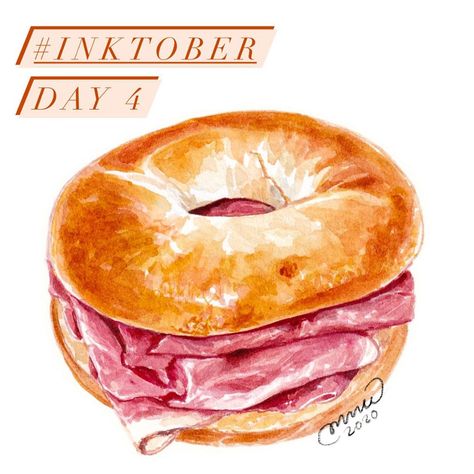 Connie Au on Instagram: “4.10.20 Ham bagel sandwich 🥯 👉🏻see my steps ✨ • • • Today I wanna do something simpler :) Perhaps it is easier to start drawing with a good…” Ham Bagel, Food Art Painting, Bagel Sandwich, Start Drawing, Step By Step Watercolor, Food Sketch, Food Cartoon, Food Clipart, Cat Air