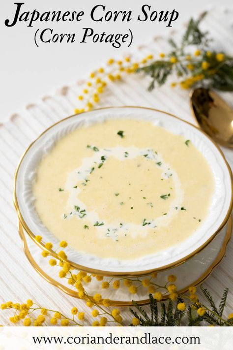 Japanese corn soup (corn potage) is delicious, creamy, and silky smooth; naturally sweetened with fresh sweet corn. Simple and easy to make! Potage Recipe, Corn Potage, Creamy Corn Soup, Vegetarian Substitutes, Sweet Corn Soup, Easy Japanese Recipes, Chilled Desserts, Creamy Corn, Corn Soup