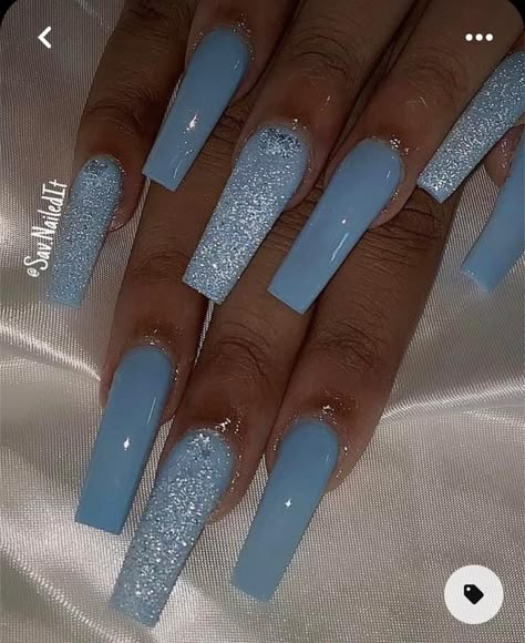 Teal Acrylic Nails, Baby Blue Acrylic Nails, Blue And Silver Nails, Blue Glitter Nails, Tips Nails, Teal Nails, Baby Blue Nails, Long Acrylic Nail Designs, Blue Acrylic Nails